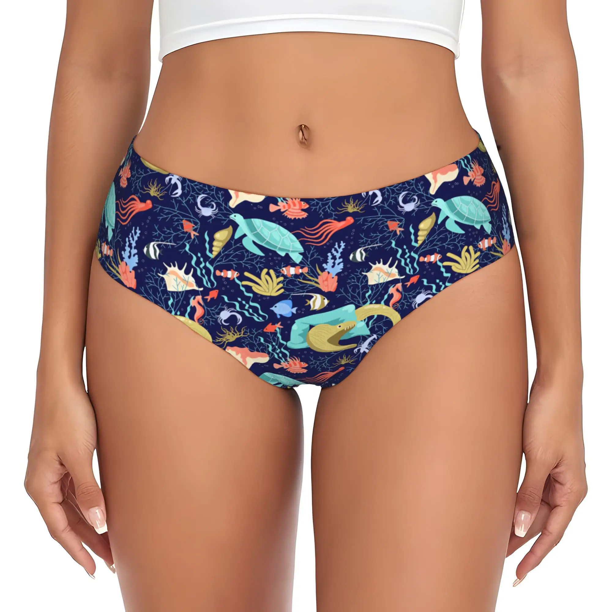 Marine Life Sea Turtle Octopus Brief Panties Womens Comfort Stretch Moray Eel Seahorse Underwear