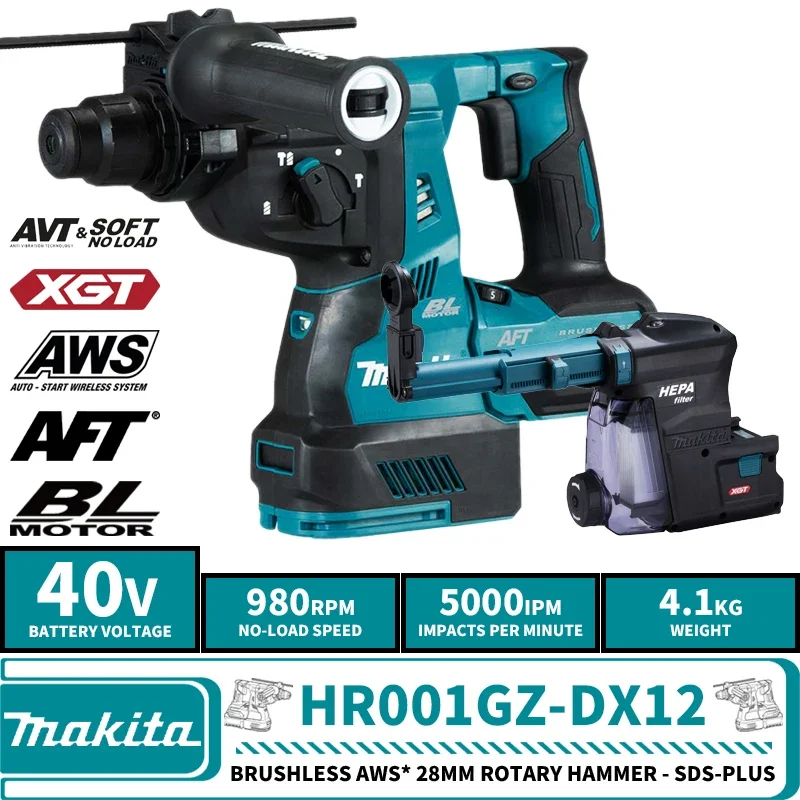 Makita HR001GZ Brushless Cordless AWS*28mm Rotary Hammer-SDS-Plus 40V XGT Lithium Power Tools DX12 980RPM 5000IPM 2.8J