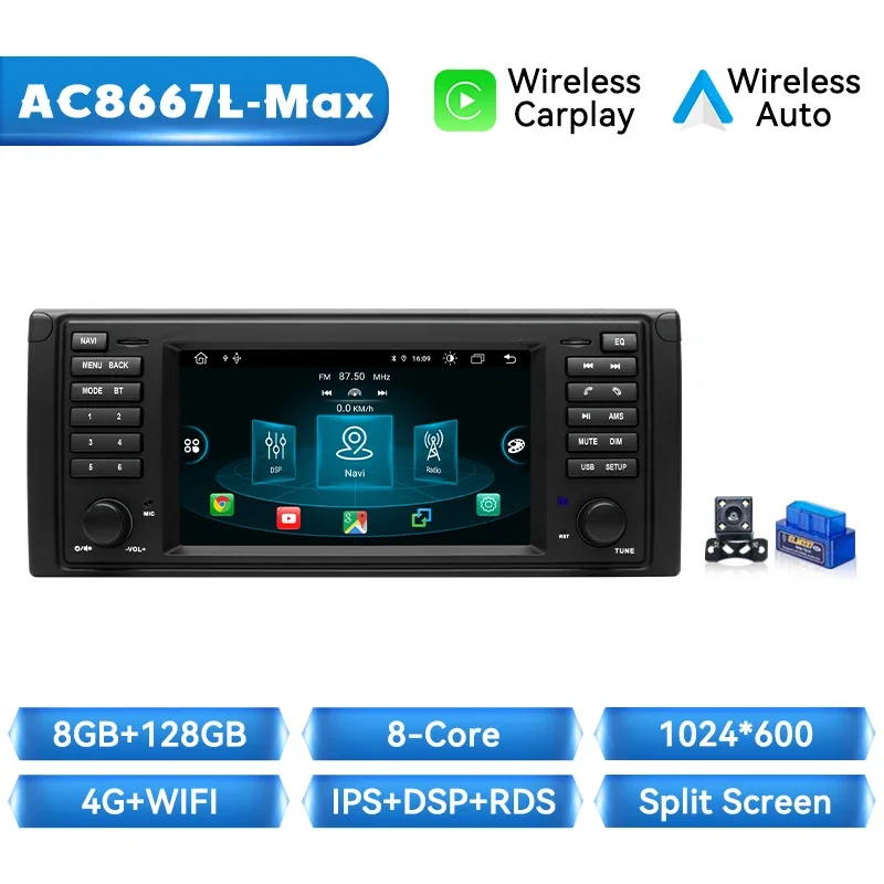 Draadloze Carplay Android Auto Android 14 Auto Autoradio Voor Bmw 5 Series E39 X5 E53 M5 1996-2003 Multimedia Speler Gps 4G Wifi