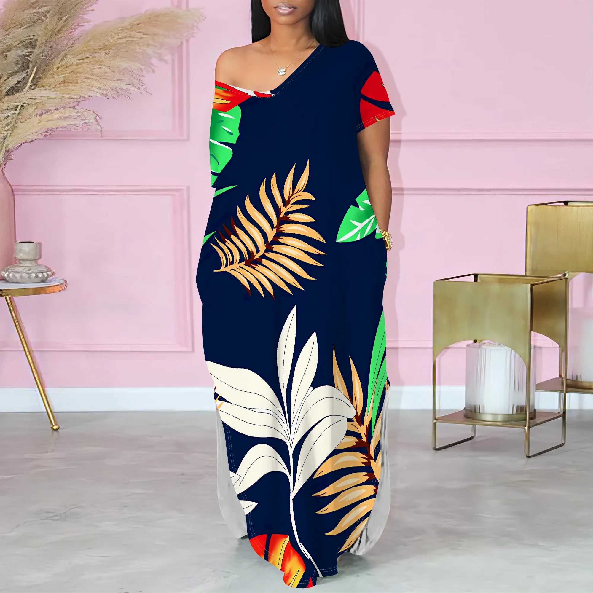 

Women's Pullover Sexy Short Sleeve One-Shoulder V Neck Fashion Printed Summer Two-side Slits Casual Maxi Dresses With Pocket