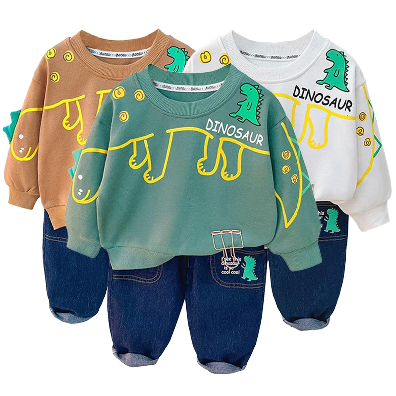 

2023 Spring Autumn Boy Cotton Clothing Set Baby Boys Dinosaur Pullover Tops Denim Pants 2Pcs Casual Outfits Infant Children Suit