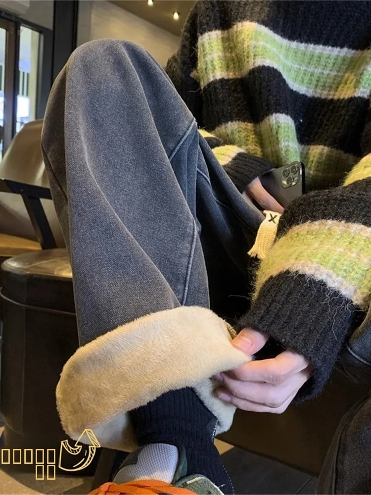 

Мужские джинсы свободного прямого кроя на флисовой подкладке, теплые, винтажные, в американском ретро-стиле, для уличной моды, зимние, молодежные, популярные