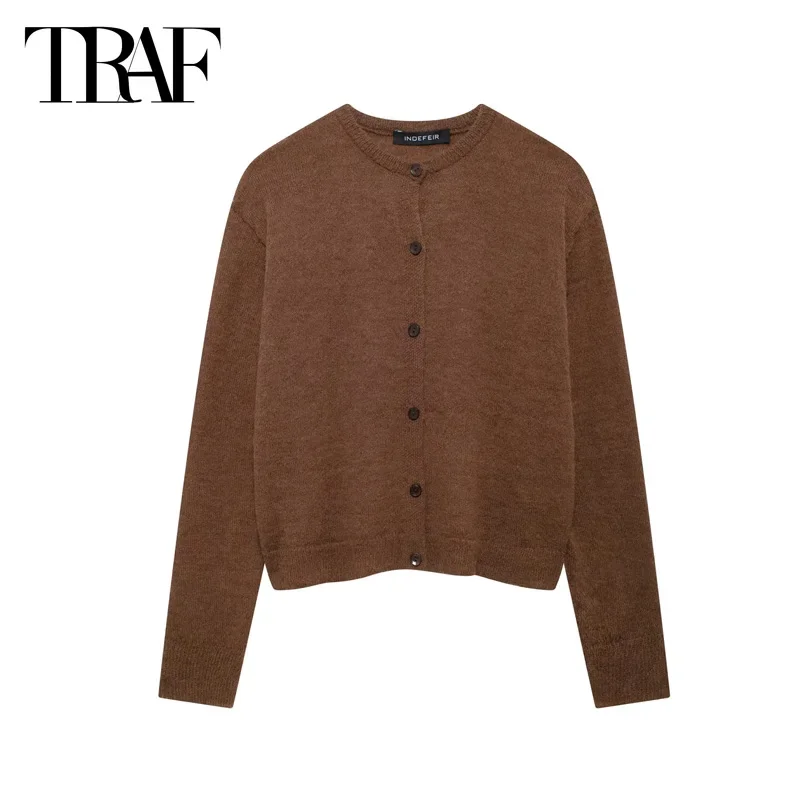 TRAF Green Cropped Sweater Women Outerwear 2024 Autumn Short Knit Cardigan Ladies Fashion Casual Brown Long Sleeve Knitwear Coat