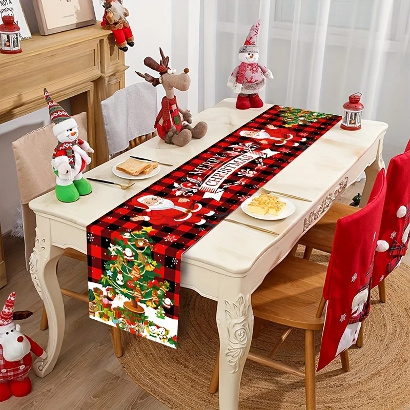 Christmas Table Runner Santa Tree Pattern Polyester Easy Care Waterproof for Holiday Dining Decor Festive Family Gathering Joy