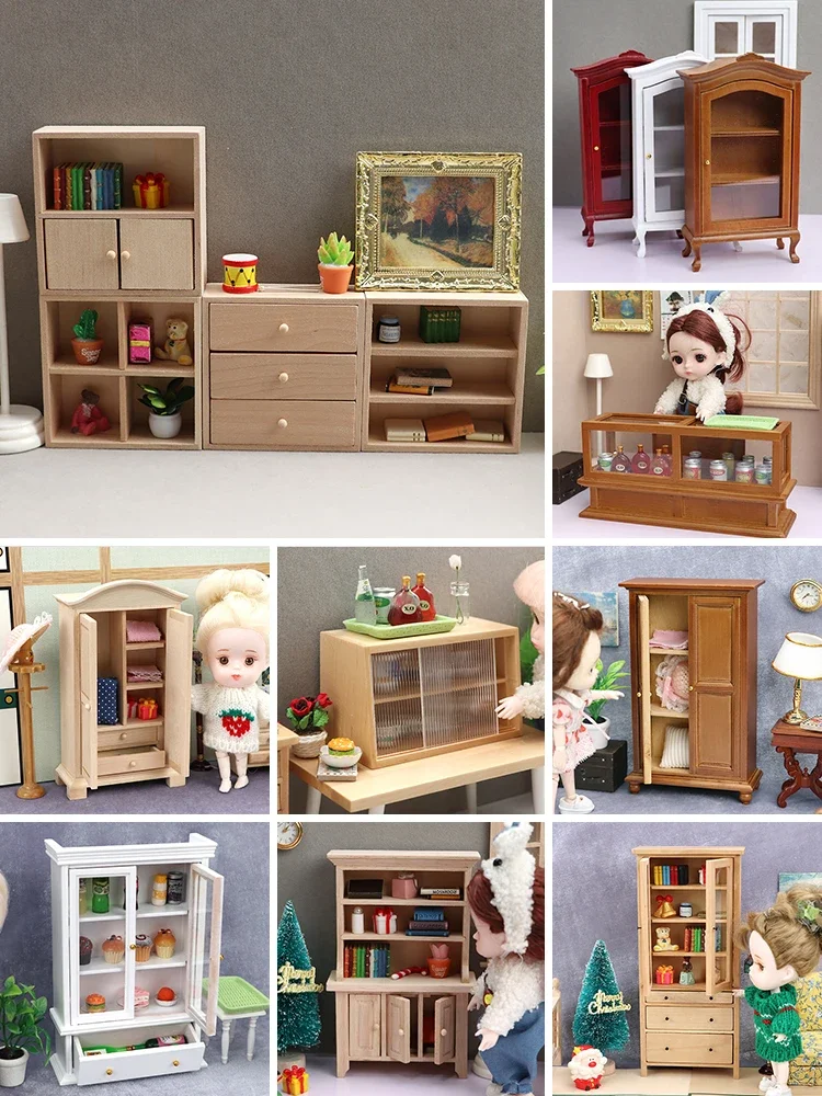 Diy Cabin Micro Scene Wooden Cabinet Wardrobe Micro Bookcase Storage Cabinet Mini Furniture Accessories Dollhouse Decoration