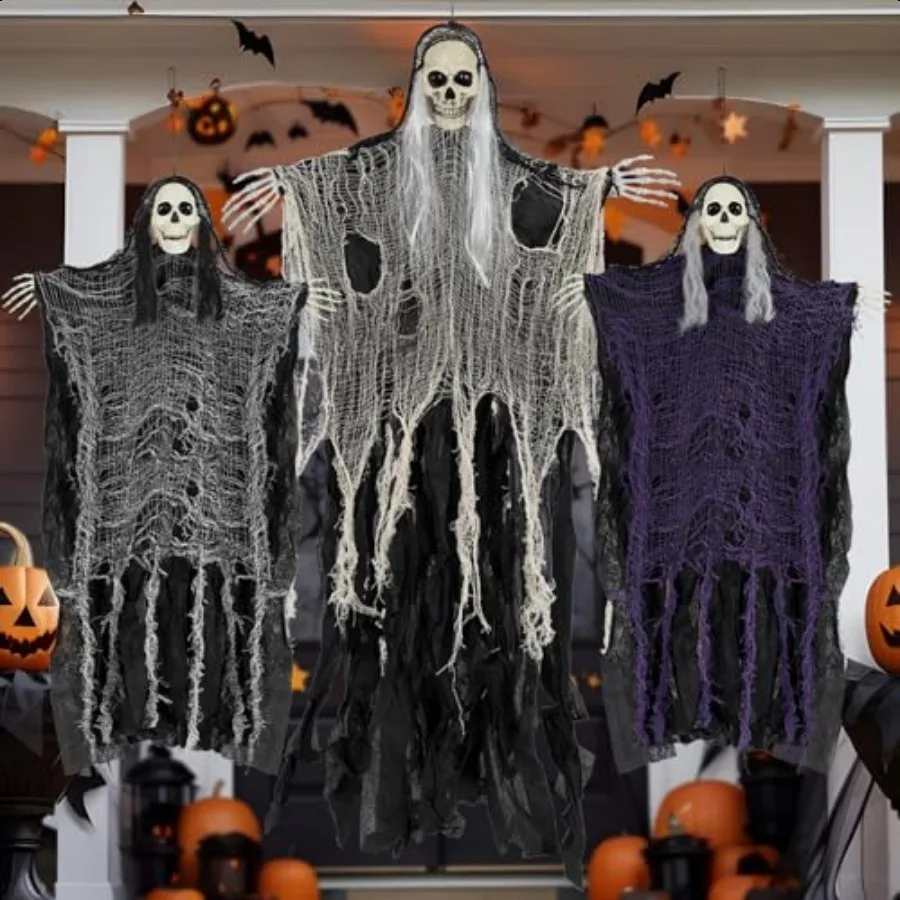 

Halloween Decorations Outdoor IndoorSet of 3 Scary Hanging Ghosts Halloween Grim Reaper Skeleton Scary Party Decorations Haunte