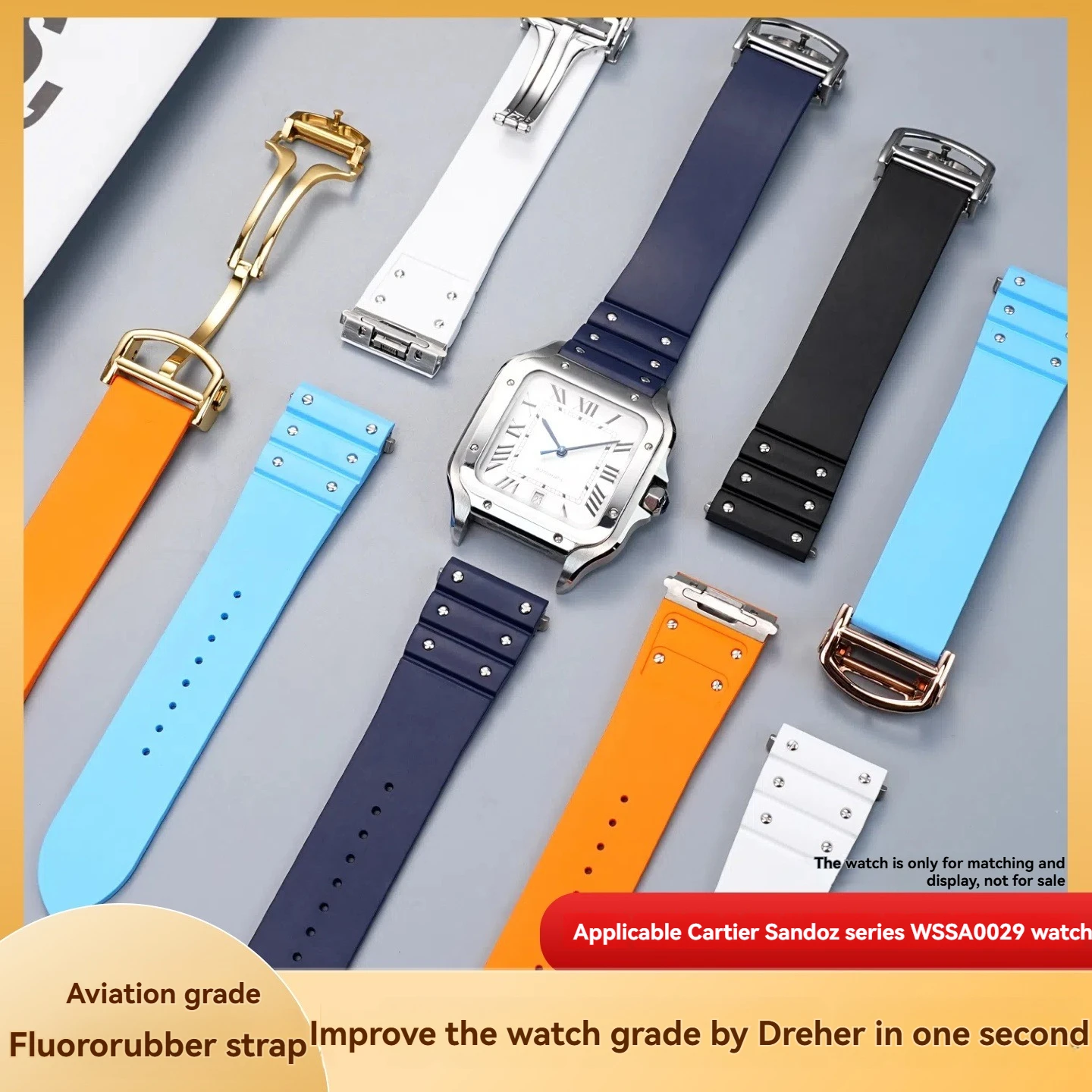 21mm Quick Release FKM Rubber Strap for Cartier Santos WSSA0009 WSSA0018/0013/0037 - Men's Sports Watch Band with Folding Buckle