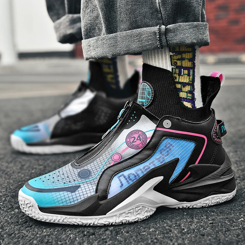 

New high top basketball shoes Men's zipper soft mouth anti-slip wear-resistant shock absorption student sports shoes