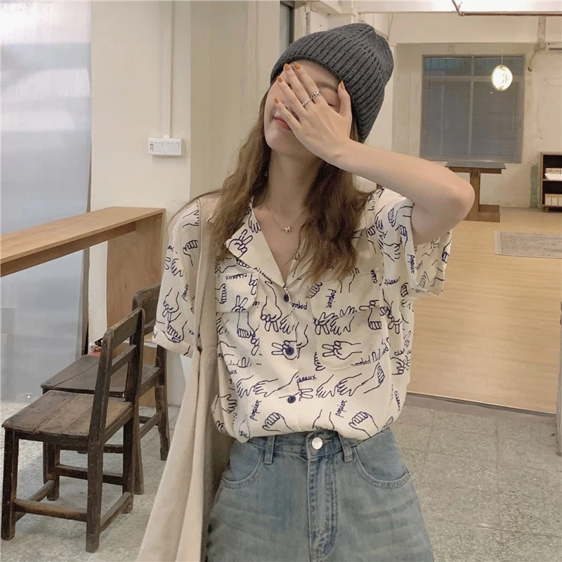 

Summer ort Sve Printed Loose Women's irt Hong Kong Sle Design Sense Retro Faion Korean Version Commute Sle