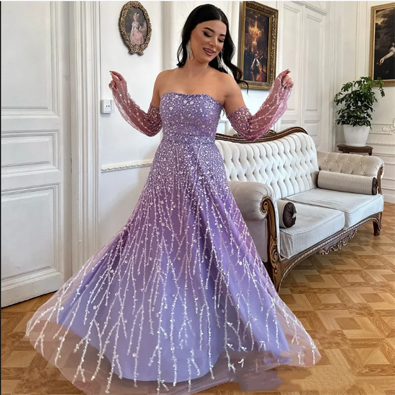 Abito da sera lilla di lusso staccabile manica lunga senza spalline scintillante perline paillettes una linea abito da ballo arabo saudita abito da festa