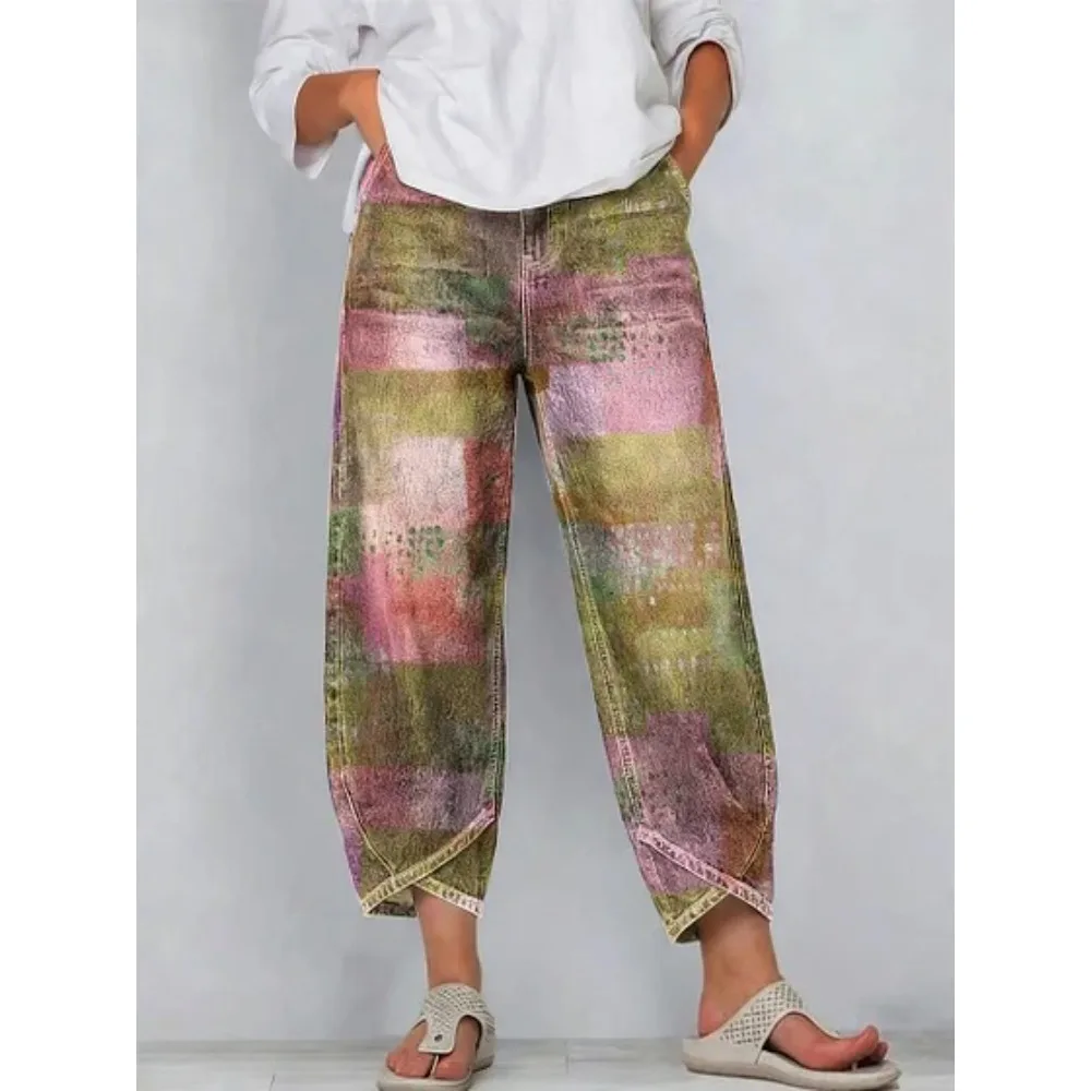 Kurze Harem-Capri-Hose mit abstraktem geometrischem Aufdruck für Damen, Baumwolle, lockere Passform, Tulpen-Wickelhose, knöchellange Freizeithose, XXS-4XL – Detail 7