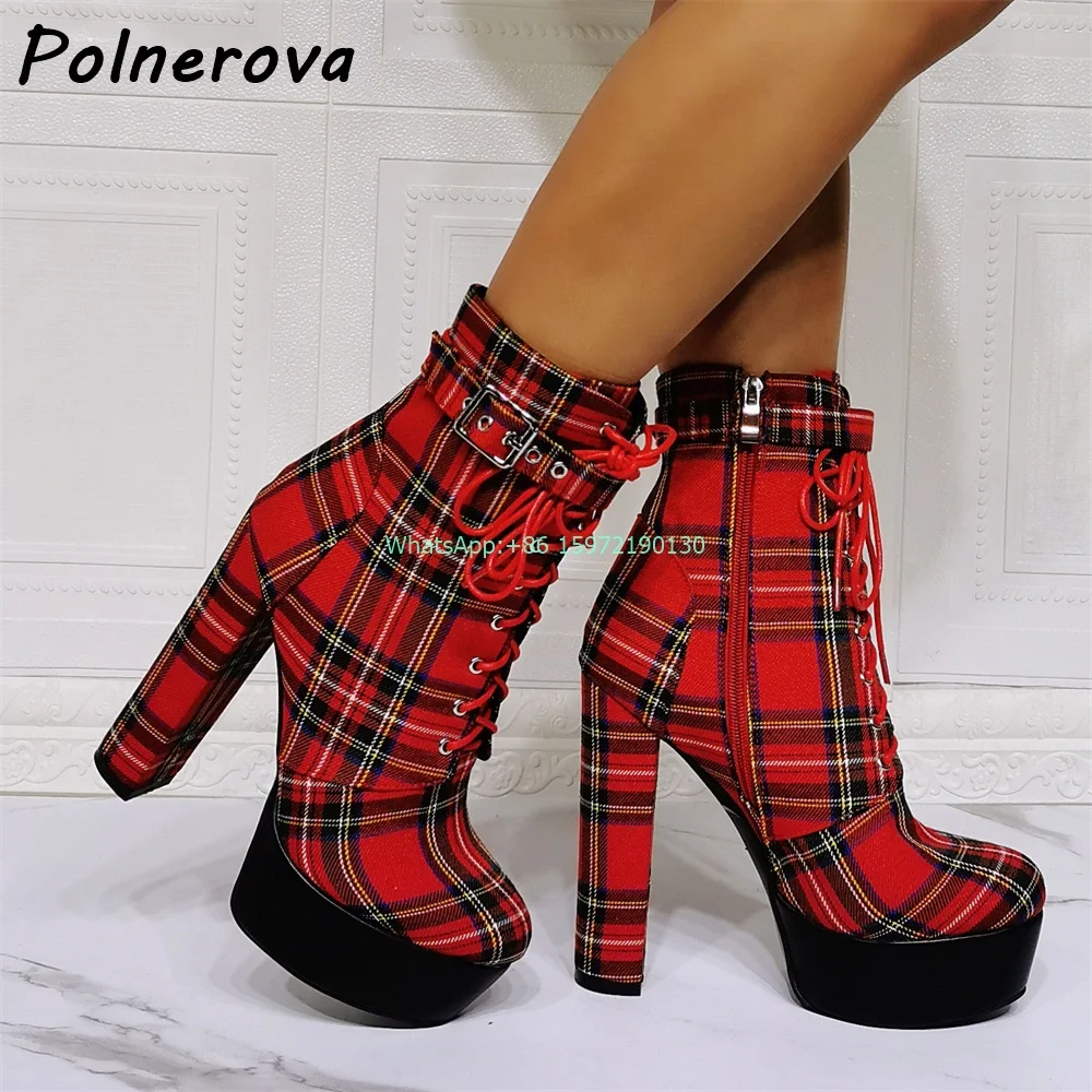 

Red Check Cross Tied Ankle Boots Platform Chunky Heels Zipper Mixed Color Shoes Large Size Sexy Ladies Runway Fashion Shoes 2024