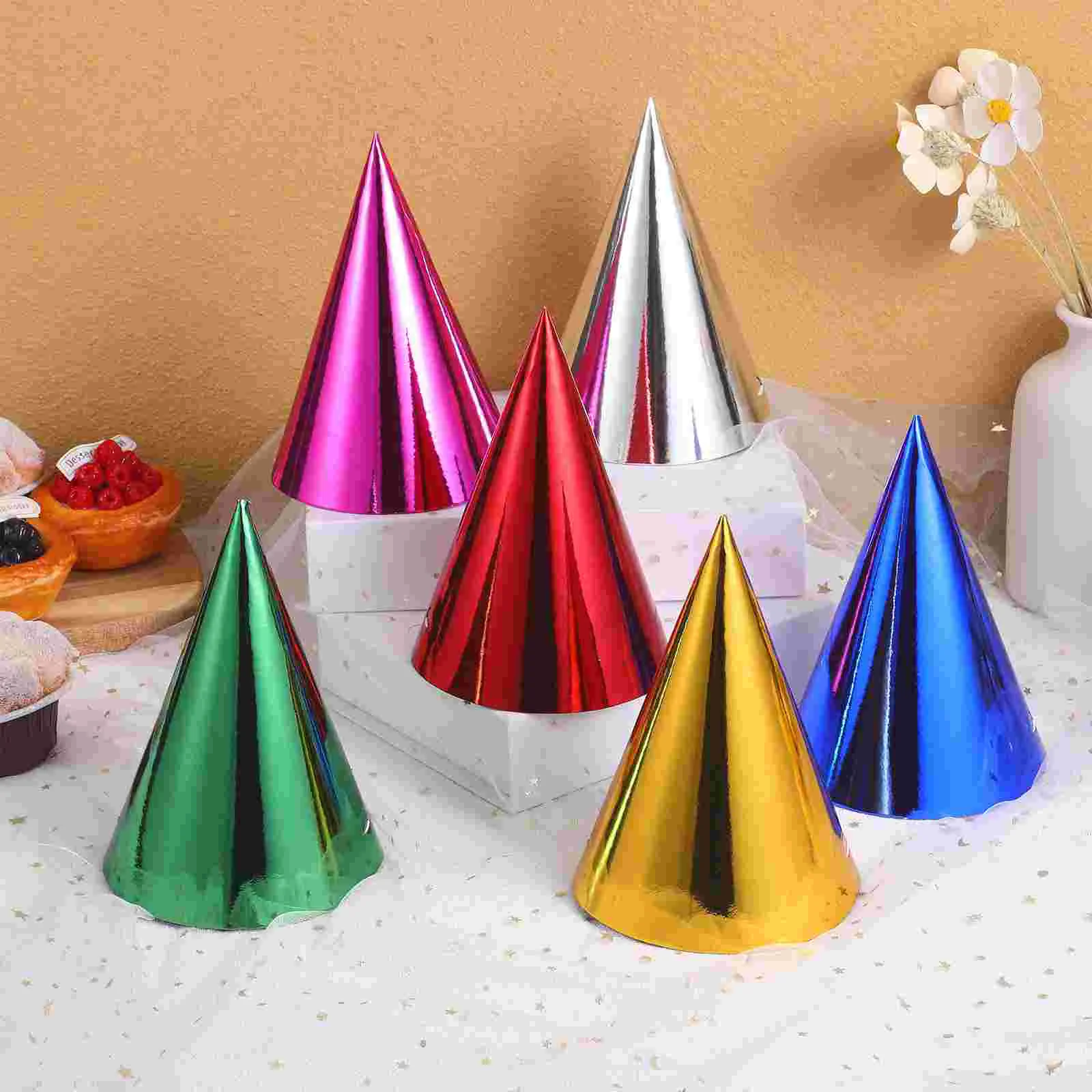 12 Uds. Sombrero de fiesta para niños, sombreros cónicos, gorras, decoraciones coloridas de cumpleaños, suministros decorativos de papel metálico