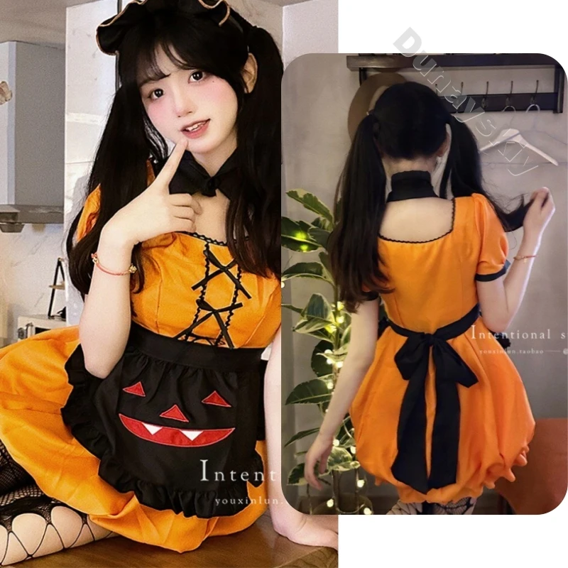 

Halloween Pumpkin Maid Plus Size Costume Orange Black Pumpkin Face Apron Maid Cosplay Costume Lolita Puff Short Sleeves Headband