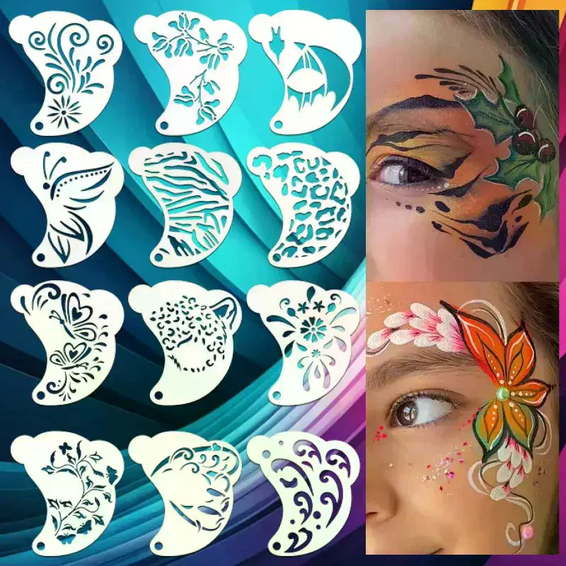Face Painting Tattoo Stencil Set Reusable Hollowed Body Art Paint Stencils DIY Eyebrow Templates Hand Drawn Spray Painting 16Pcs