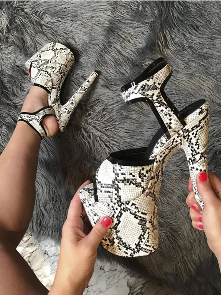 

20cm High Heel Peep Toe Platform Sandals Women's Sexy Queen Stripper Pole Dance Shoes Nightclub Exotic Dancer Snake Skin 6 Inche