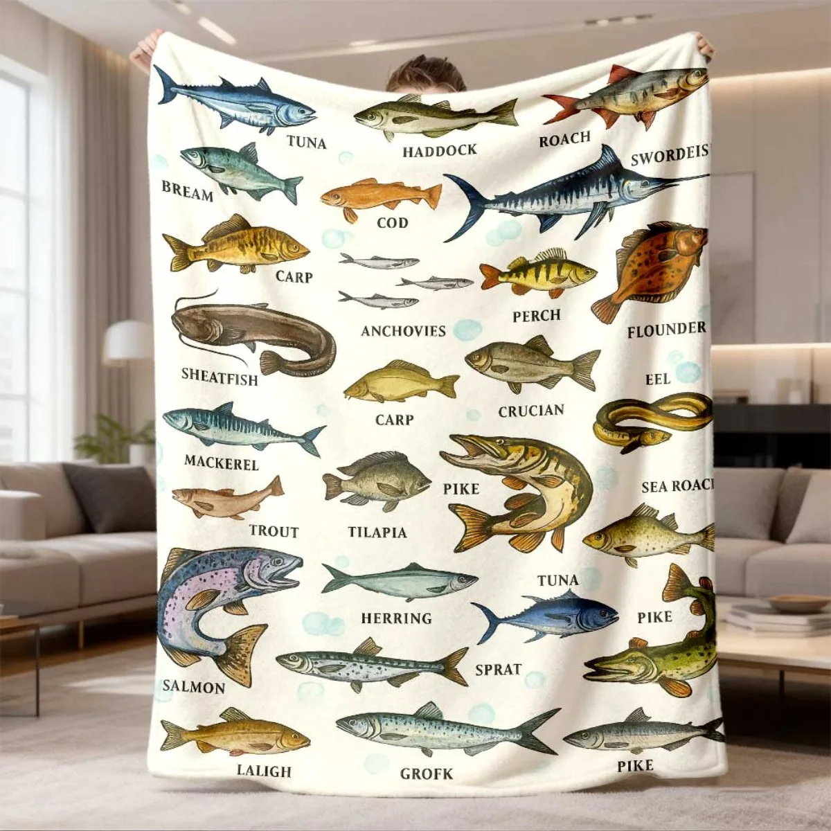 Vintage Hand-Painted Illustrated Guide to Various Freshwater and Saltwater Fish with English Names, Educational Print Flannel Bl