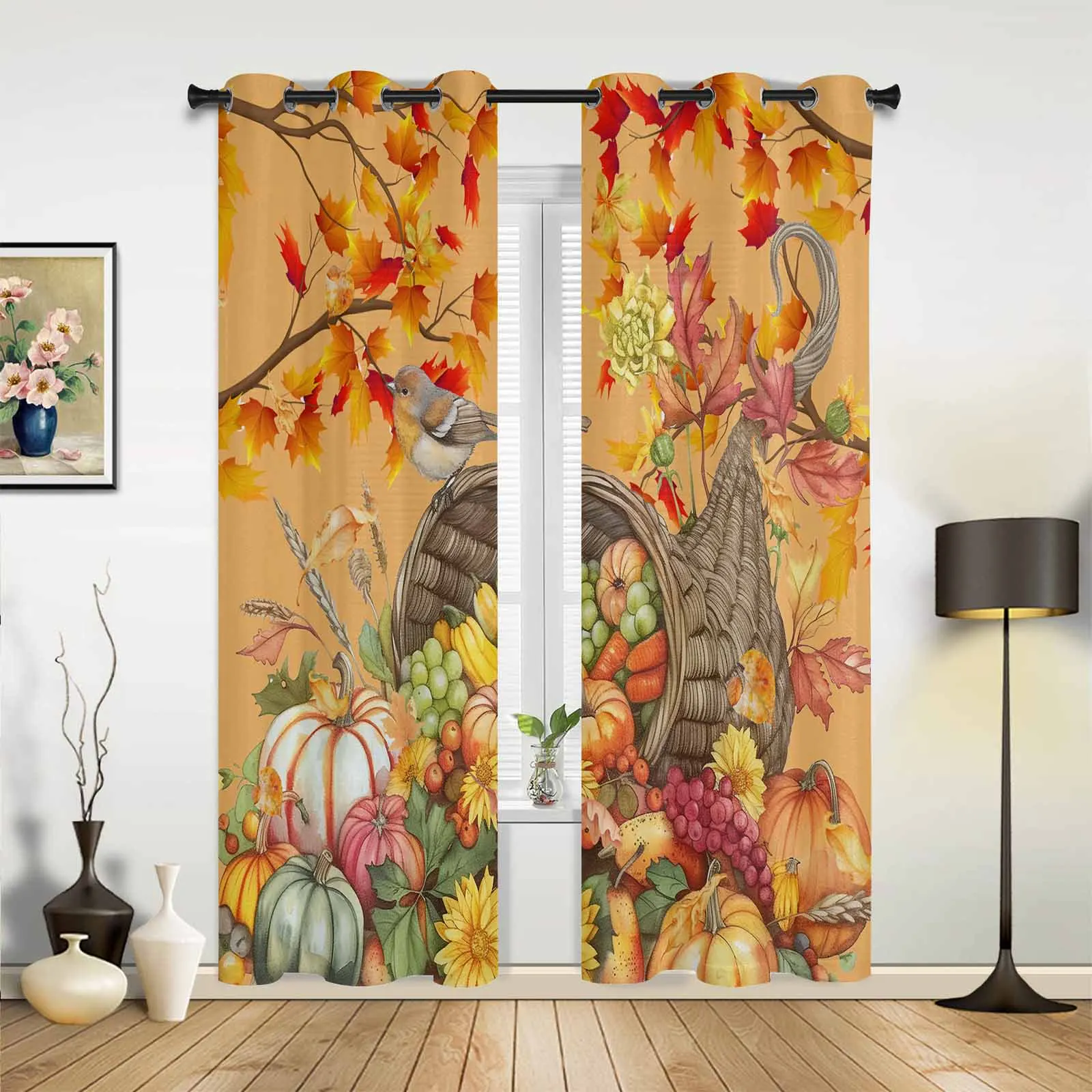 Autumn Pumpkin Maple Leaf Grapes Robin Modern Window Curtains for Living Room Bedroom Curtain Kitchen Treatment Blinds Drapes