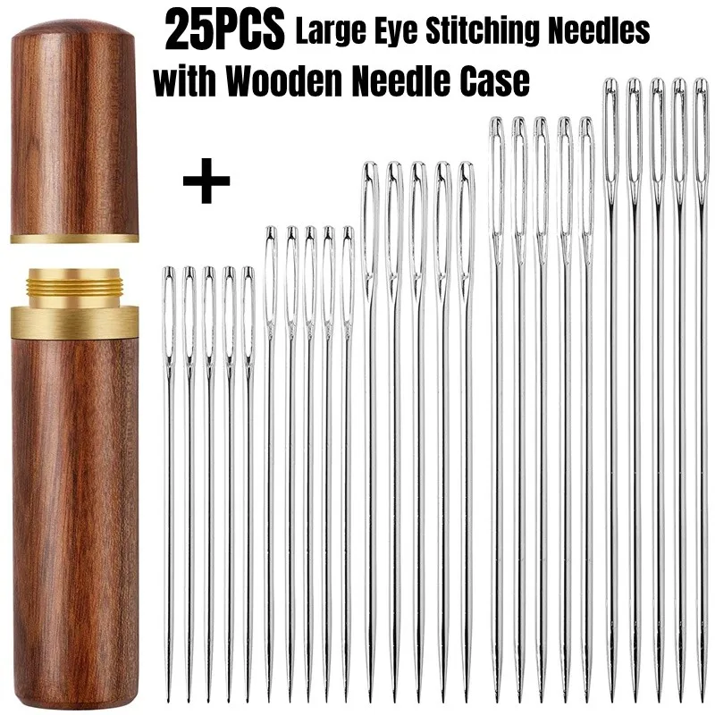 25PCS Large Eye Stitching Needles, 5 Sizes Big Eye Hand Sewing Sharp Needles Embroidery Thread Needle with Wooden Needle Case