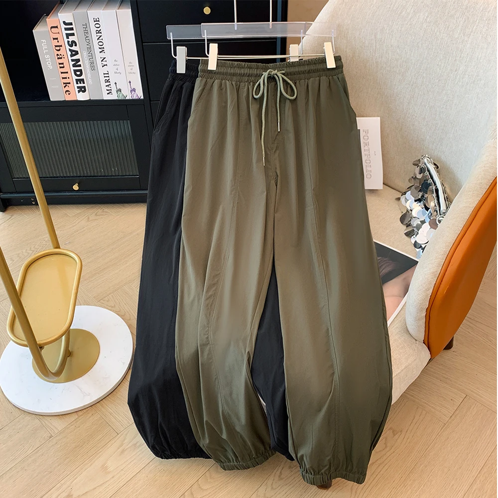 

Plus-size women's spring-fall casual commuter slacks Black army green elastic-waist-drawstring pocket straight-leg pants large