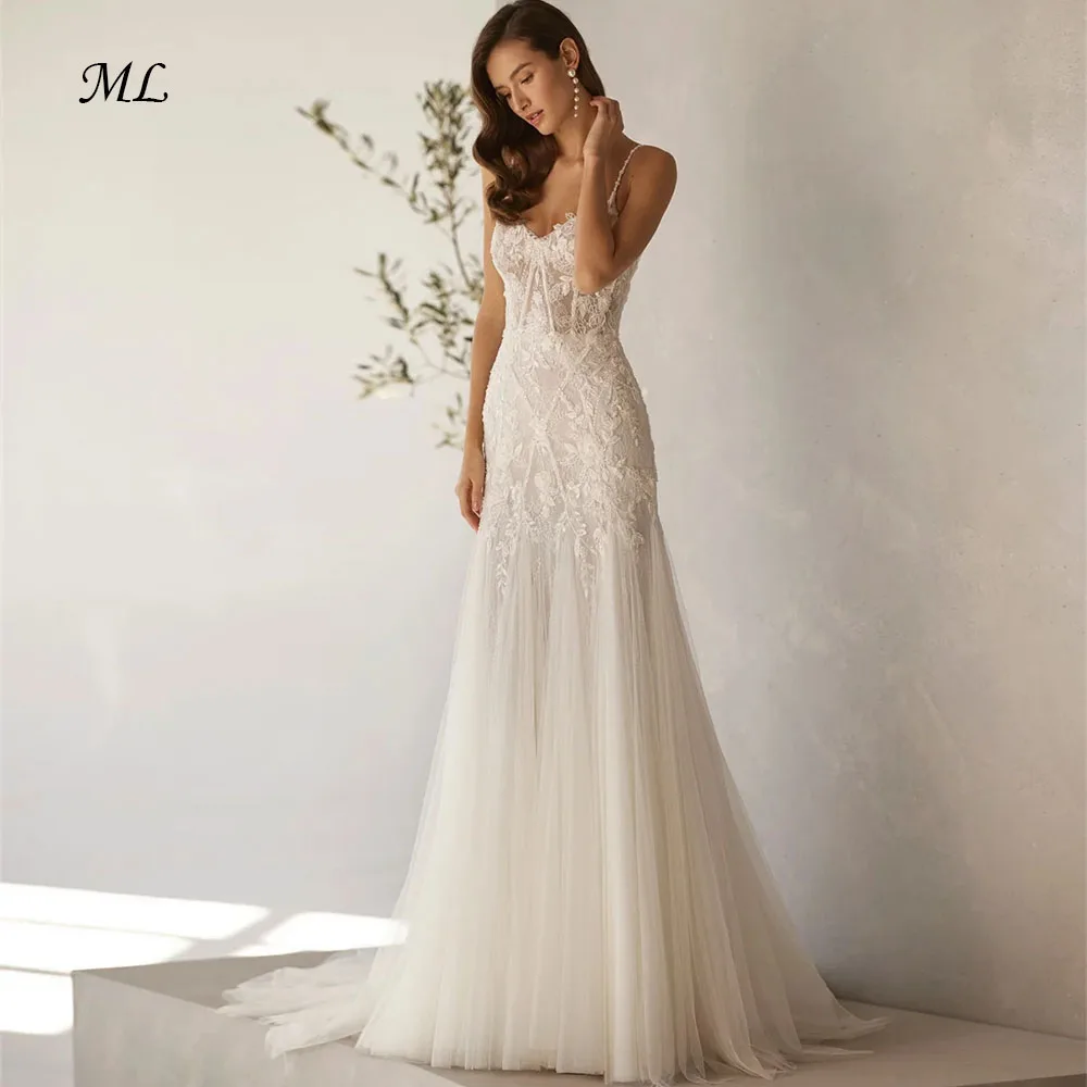 ML Customized Ivory Lace Appliques Mermaid Wedding Dress Beaded Spaghetti Strap vestidos de novia Court Train Formal Evening