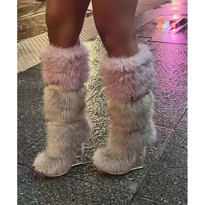 

Винтажные белые/черные меховые прозрачные сапоги до колена на танкетке, женские зимние новые роскошные дизайнерские туфли на высоком каблуке с длинными волосами