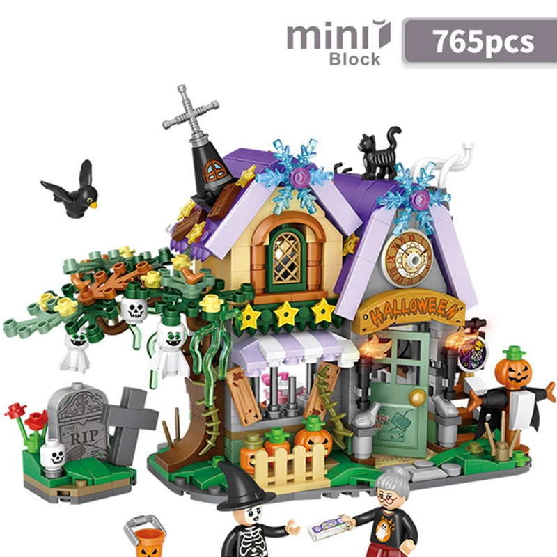 NEW Travel Pumpkin Cart Halloween House Store Street View Shop House Building Blocks Kit Girls Bricks Model Kids Toy Children