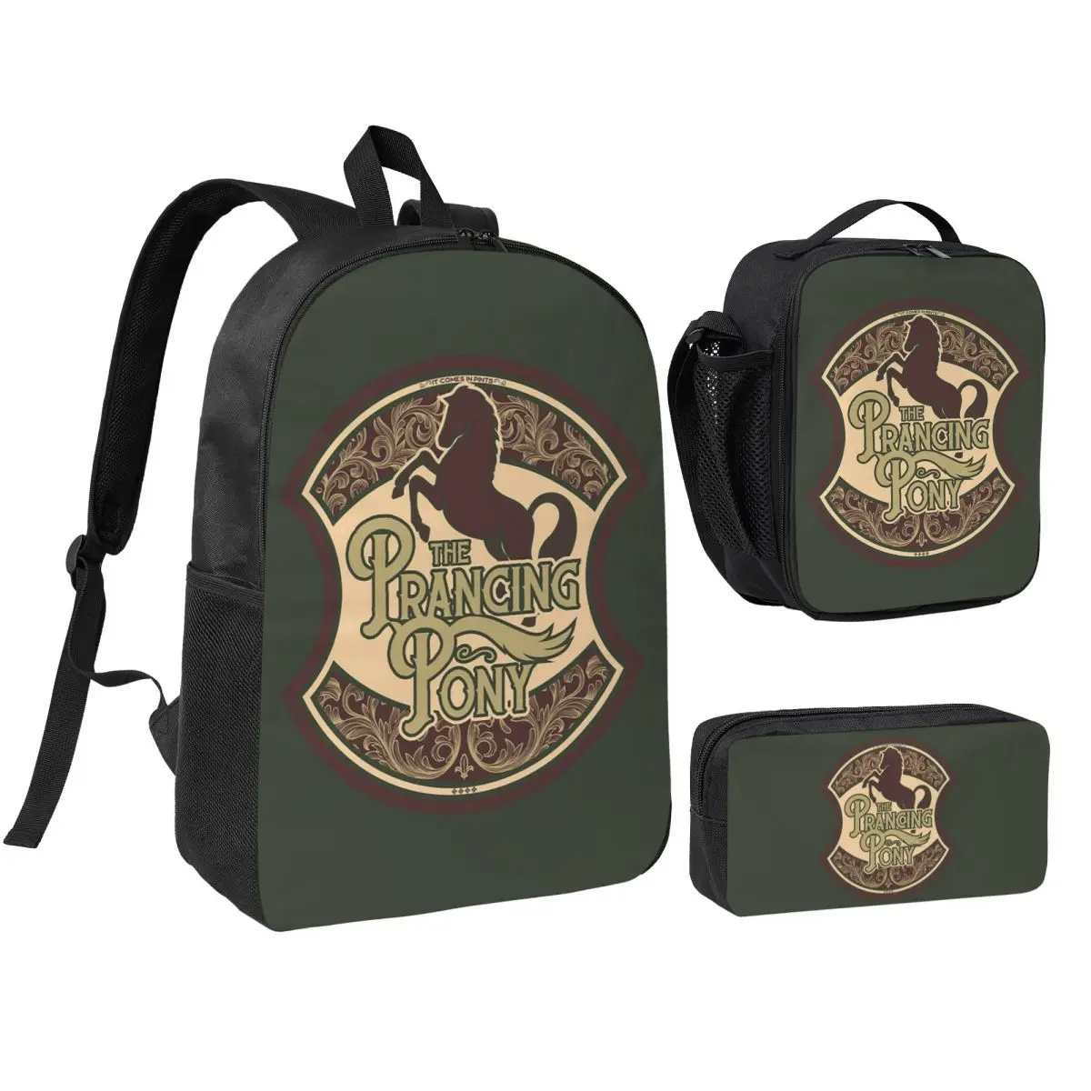 Prancing Pony Backpack Student BookBag School Bag Shoulder Bags 3ps Insulated Lunch Bag Pencil Case