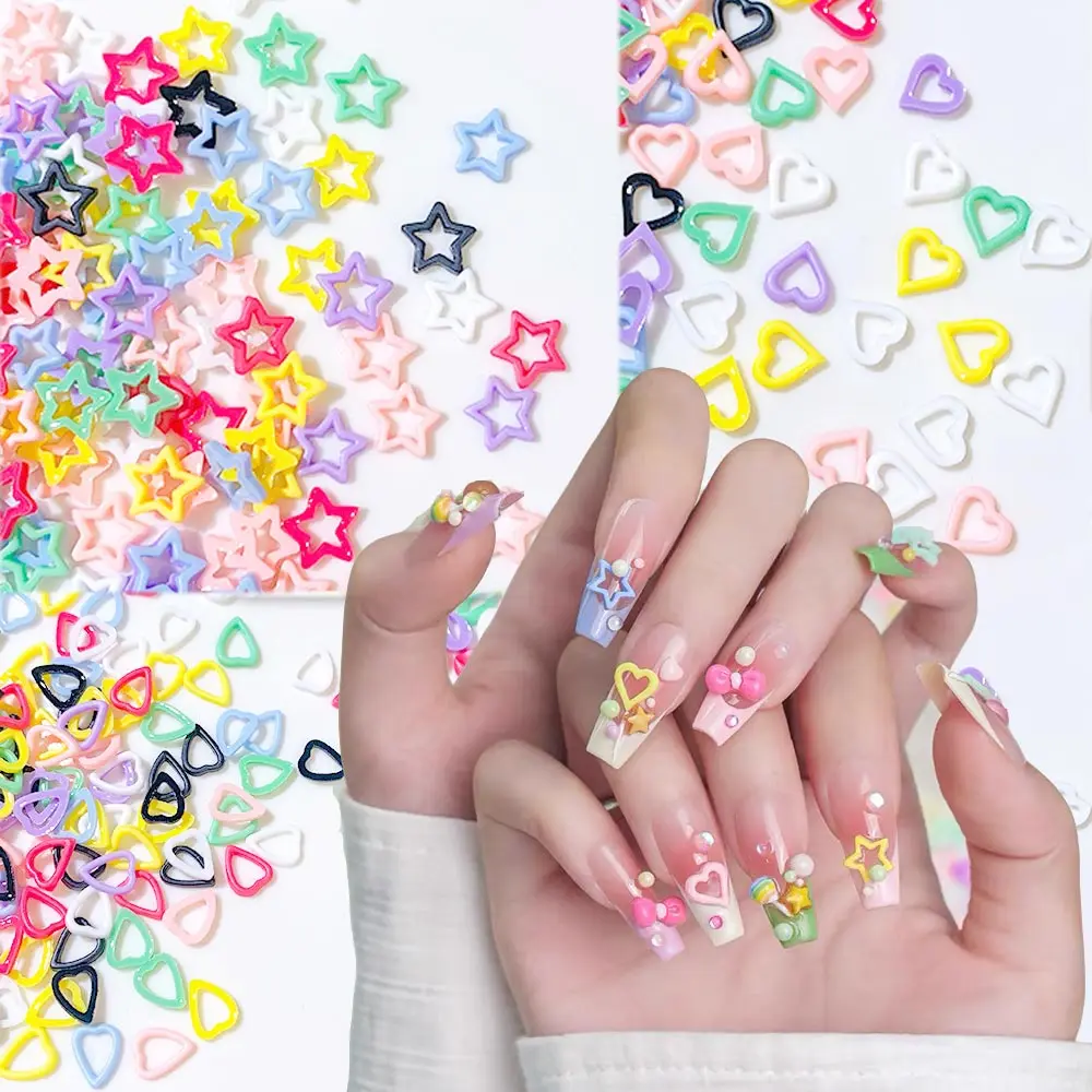 100pcs Y2K Colorful Mini Hollow Star Nail Art Charms Resin 8mm Cute Star Heart Nail Decorations 3D FlatBottom Matte Stars Nails
