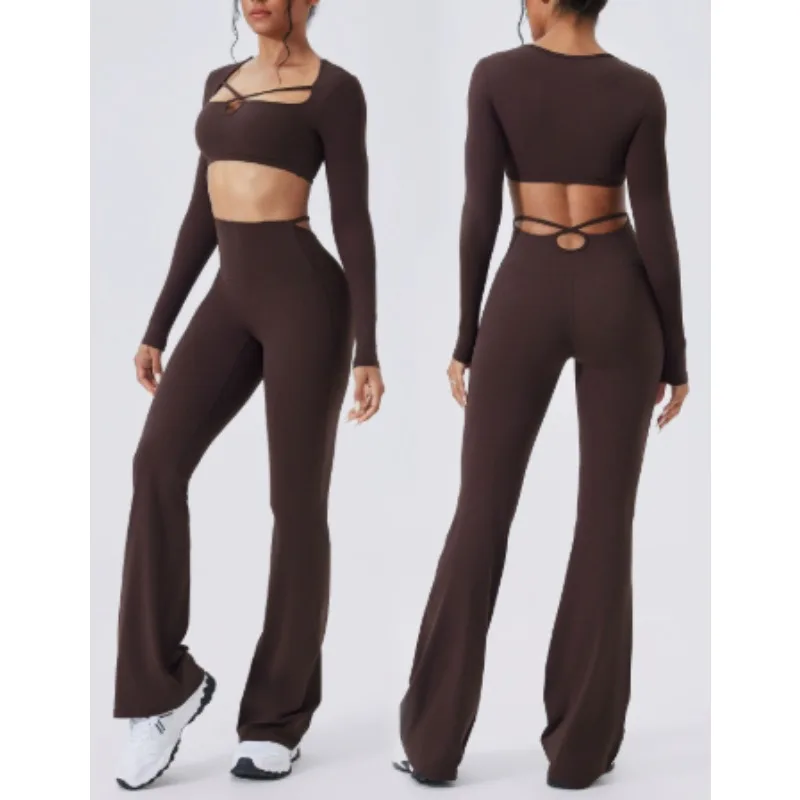 

Long sleeved women's outdoor running fitness suit T-shirt, long sleeved yoga shirt, sports long sleeved bell bottom pants set