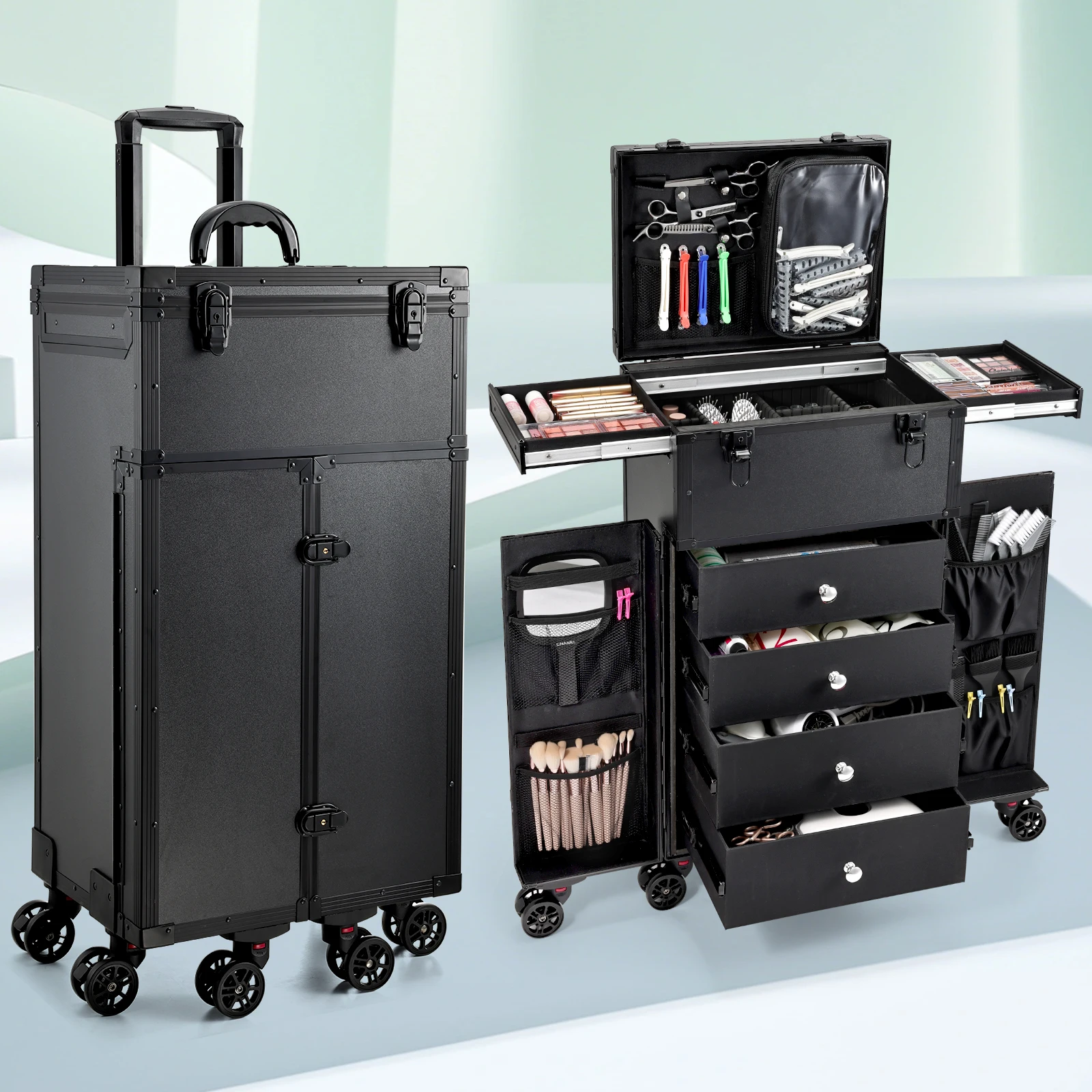 Maletín de Maquillaje Profesional con Ruedas, 4 Cajones, Maletín de Cosméticos para Maquilladores, Estilistas, Maletín de Viaje con Múltiples Compartimentos