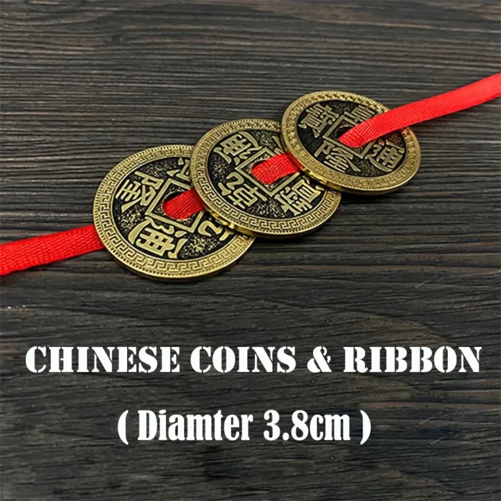 Chinese Coins and Ribbon Magic Tricks Three Coins Penetrate On / Off Ribbon Magia Magiciain Close Up Illusions Gimmick Props