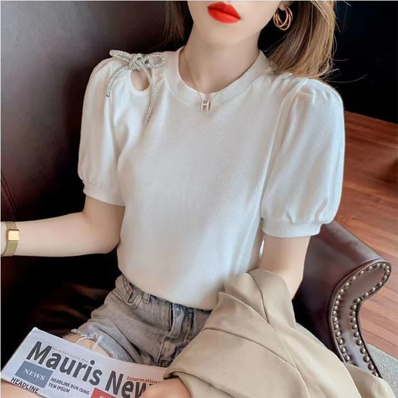 2023 Summer Round Neck Hollow Out Lace Up T-shirt Female Puff Short Sleeve All-match Top Women Loose Casual Solid Pullover Tee