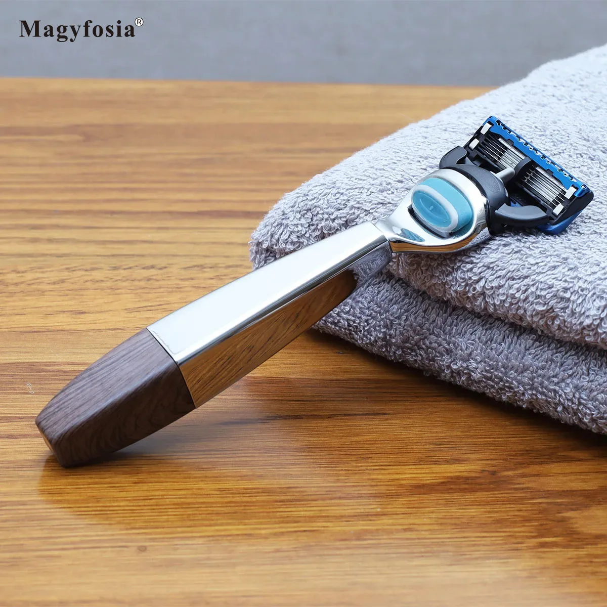 Magyfosia Full Body Shaving 5 Layer Fusion Razor with Rosewood Grain Shave Club Series Square Shape No Slip Design Handle Holder