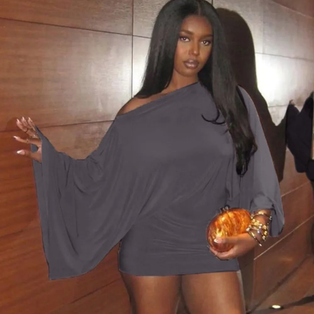 Fashion Sexy Bodycon Dress Long Sleeve Slim Fit Off Shoulder Dress Grey Simple Batwing Sleeve Dress Date Night