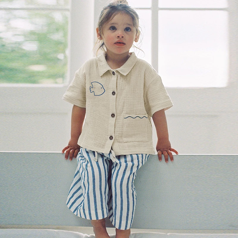 Boys And Girls Printing Embroidery Short Sleeved Shirt 100% Cotton Double Layer Crepe Casual Lapel Buttons Summer Cardigan Tops