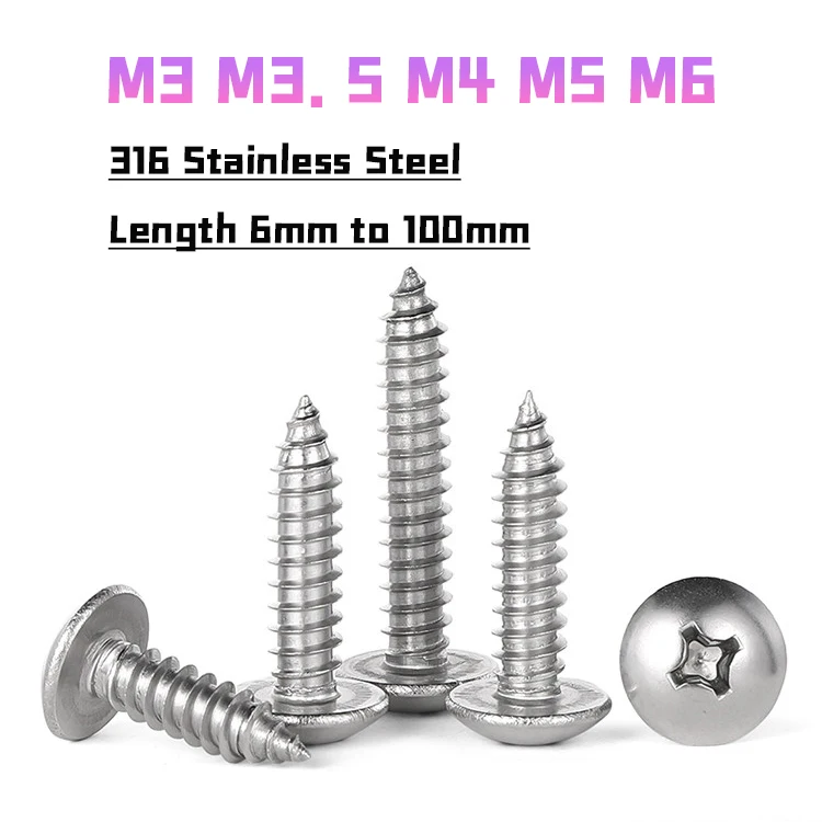 Peijian 316 Stainless Steel M3 M3.5 M4 M5 M6 Phillips Recessed Truss Self-tapping Screw Round Truss Mushroom Screws Furniture