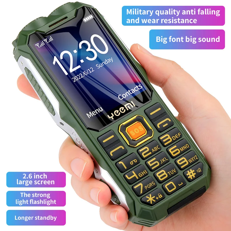 YeeMI Q8 Rugged Waterproof 4G Full Band Feature Phone 2.6Inch HD SOS Button Big Loudspeaker LED Light 4800mAh Battery Cellphone