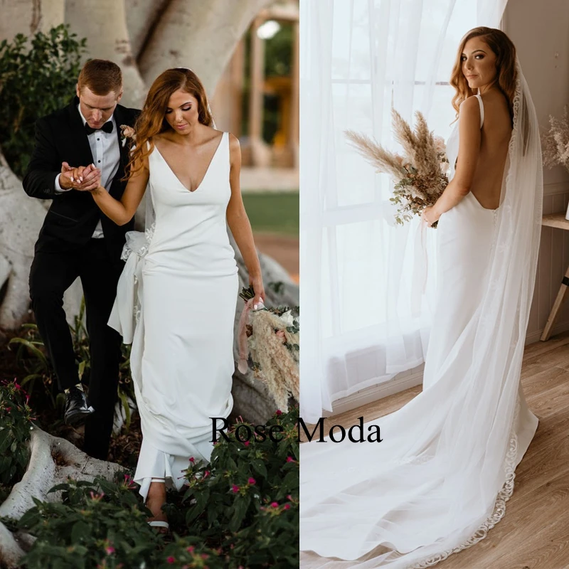 Rose Moda Simple Open Back Deep V Neck Sheath Wedding Dresses Backless Destination Bridal Gown Custom Make Real Photo