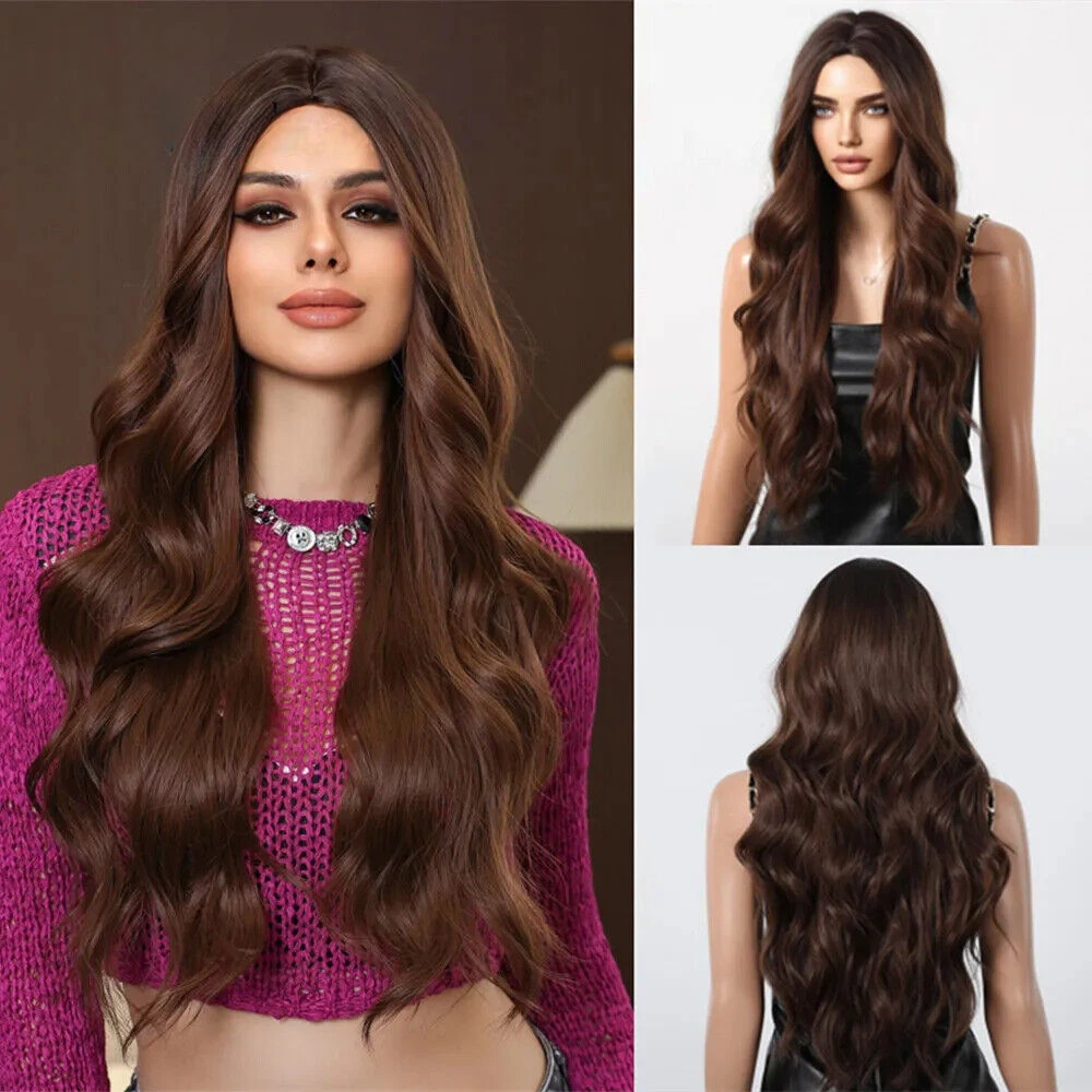 

Brown Long Wavy Wigs for Women Ombre Natural Brown Synthetic