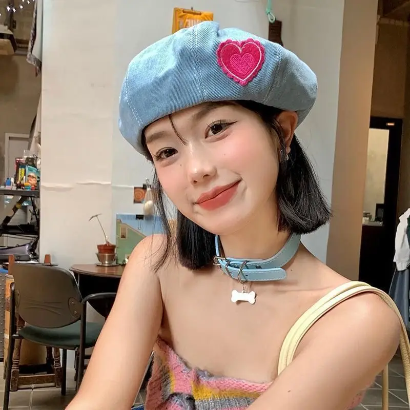 56-58CM Korean Style Women's Lady's Sweet Heart Decor Beret Cap Drawing Denim Newsboy Flat Cap Artist Beanie Hat