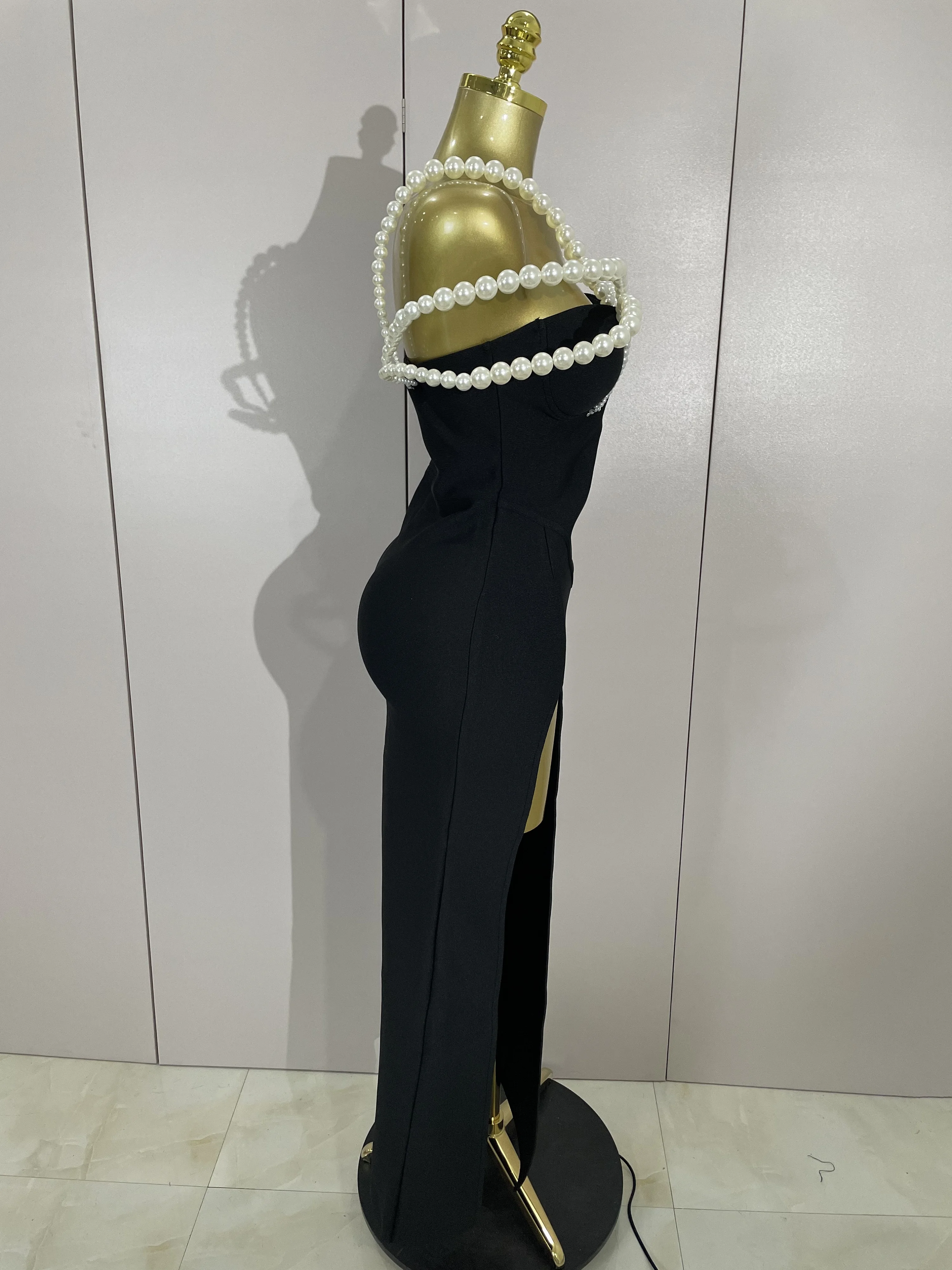 高級デザイナー真珠 V ネックマキシロング包帯ボディコンドレス女性セレブイブニングパーティー誕生日ドレス歌手のステージ衣装