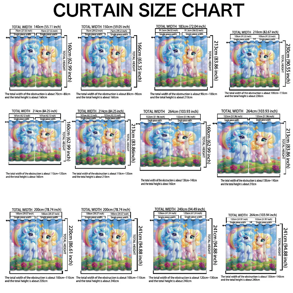 90g Double Opening Curtains Two Cartoon Unicorns Rainbow Grass Floral Cute Pattern Curtains for Girls Home