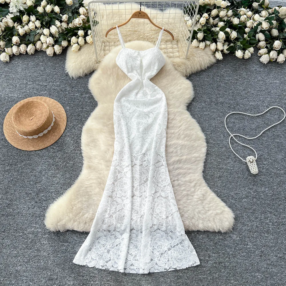 High-end ชุดสตรีหรูหรา Socialite Heavy Cutout โครเชต์ลูกไม้ Camisole ชุดสตรีภาษาฝรั่งเศสคําเอว-cinching ชุดยาว