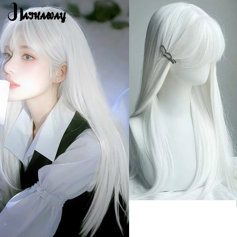 Wig putih rambut panjang wanita penuh kepala Universal Cosplay kedua Lolita Wig rambut panjang lurus poni putih pakaian sehari-hari pesta Cosplay