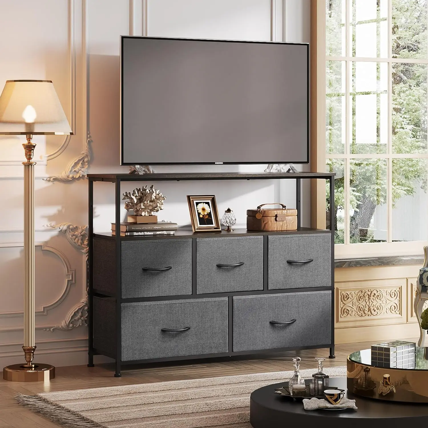 

Dresser TV Stand, Entertainment Center with Fabric Drawers, Media Console Table with Open Shelves for TV, Storage Drawer Unit