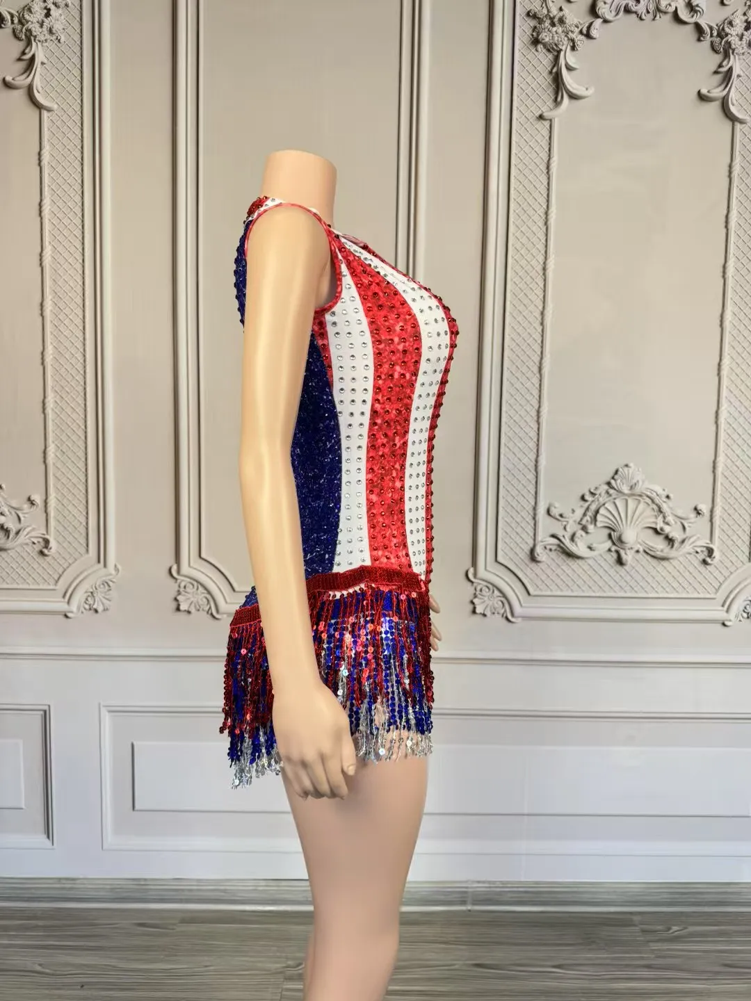 

HonglanB сексуальный наряд для черлидинга с глубоким V-образным вырезом, сине-белый цвет, мини-юбка с кисточками и блестками, комбинезон для ночного клуба, бара