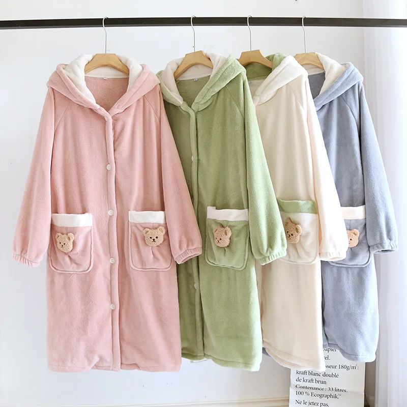 

Coral Fleece Nightgown Women Winter Fleece Thickened Large Size Hooded Bathrobe One-piece Sleepwear Night Wear Female