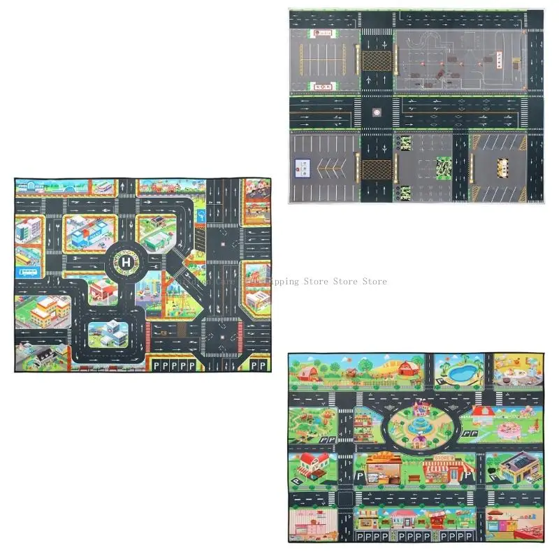 Alfombra juego paisaje urbano plegable, juguete con señales tráfico, caminos, patrón construcción para aprendizaje