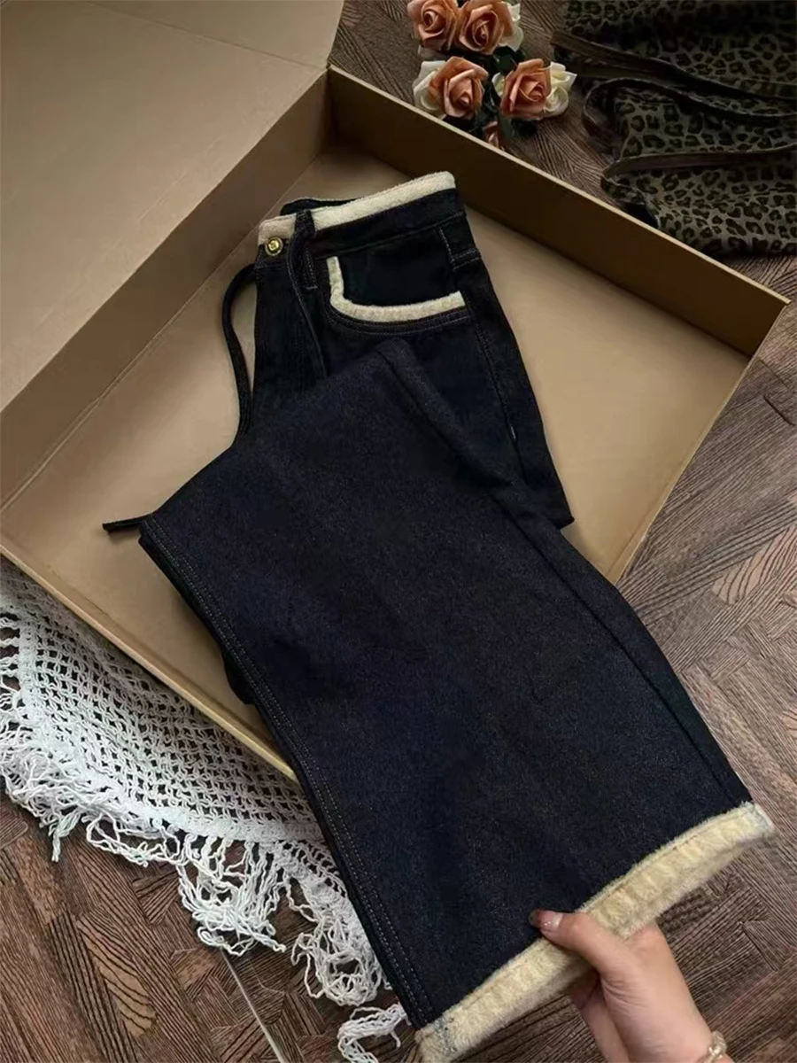 

plus Size Fce Lined Thi Denim Jeans High Waist Women's American Sle Vintage Loose Fit Straight Leg Wide Leg Pants